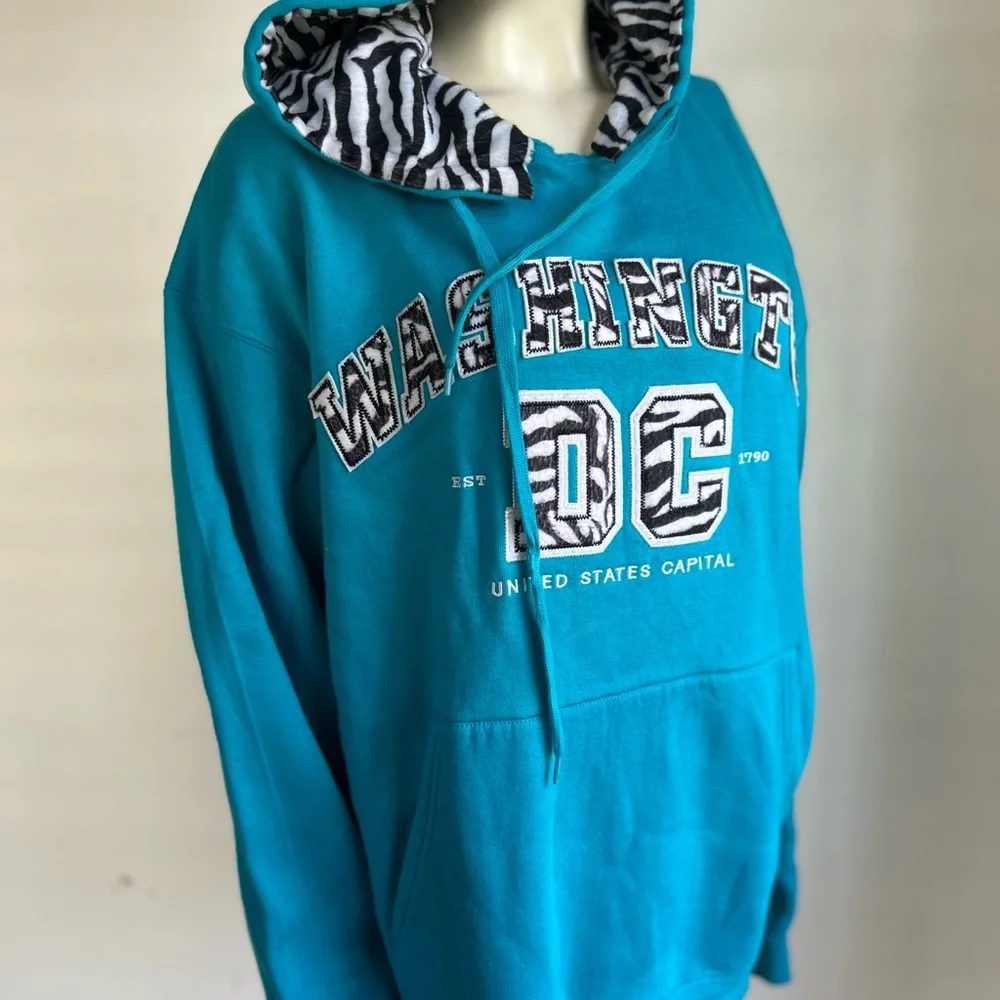 TI love DC teal Washington DC Hoodie with Zebra Print